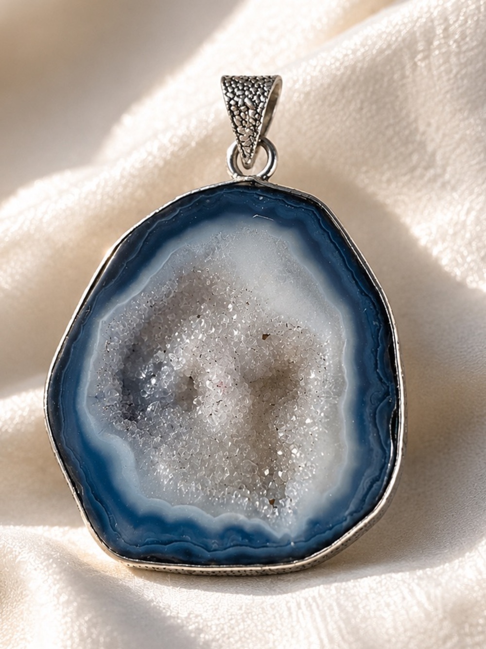 Artisan Blue and White Agate Druzy Pendant Necklace